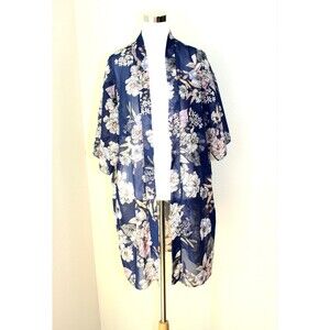 COZY ROZY Peignoir / Robe / Cover Top Kimono SS Blue Beige Pink Floral ~ L #02